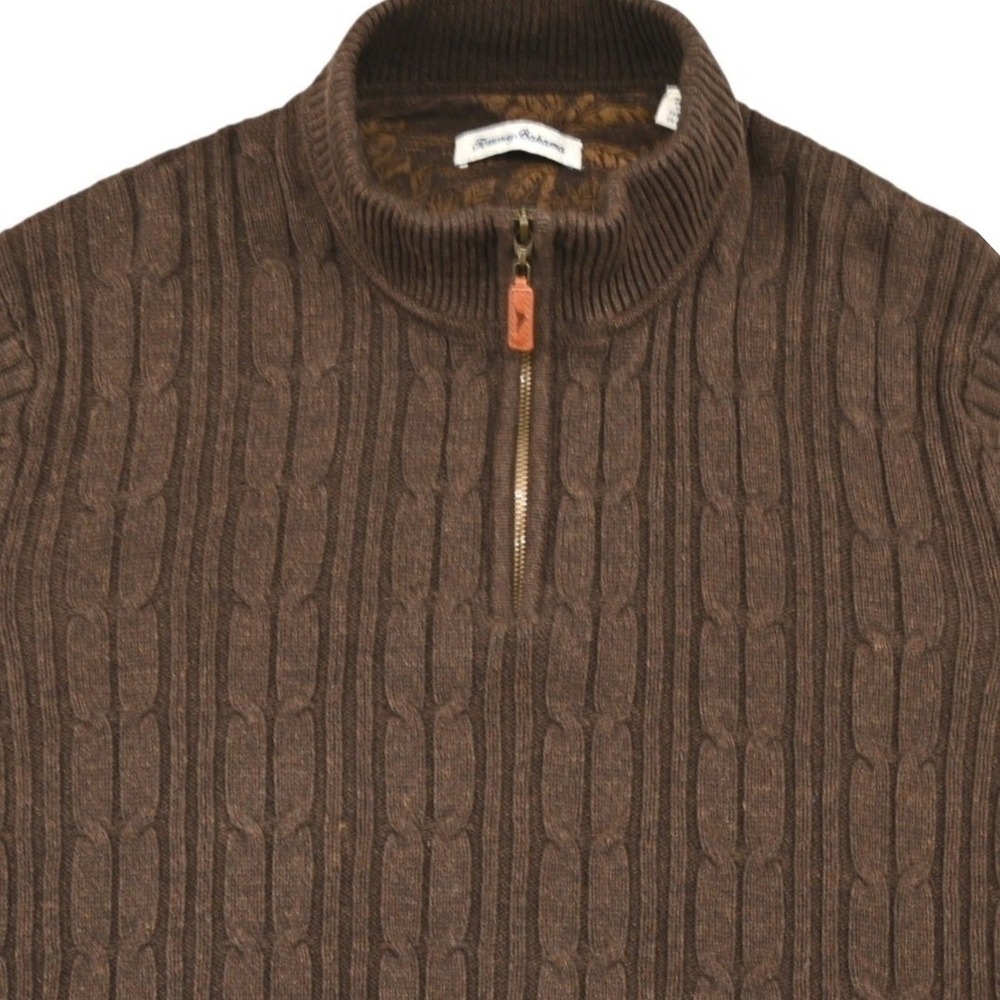 Tommy Bahama Mens XL Cable Knit 1/4 Zip Pullover Sweater Brown Tropical Lining